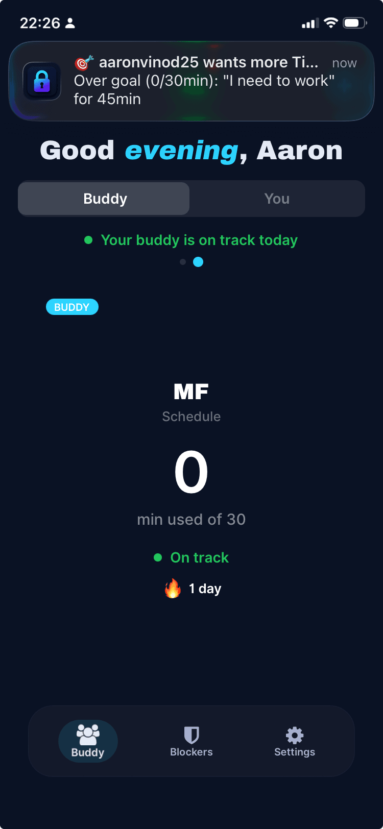 Your friend's phone: a push notification 'aaronvinod25 wants more TikTok, over goal, I need to work, 45 min' arriving on their ScrollBuddy dashboard.