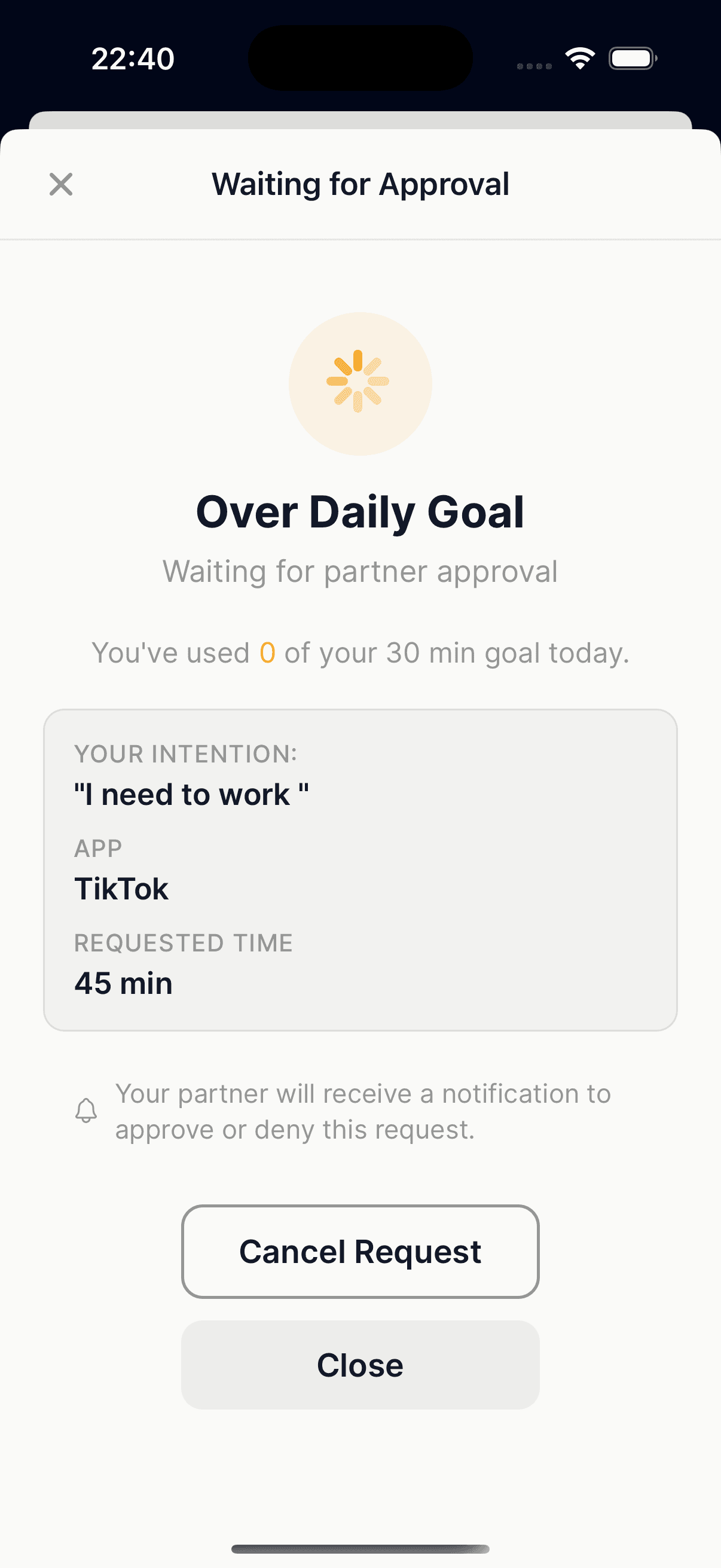 Your phone: a Waiting for Approval screen, asking your partner for 45 more minutes of TikTok.